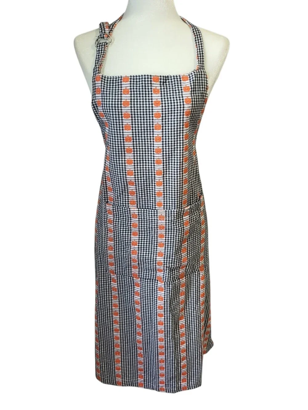 Shabby Chic Halloween Bib Apron Embroidered Pumpkins Black White Check Pocket